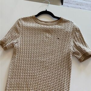 Tommy Hilfiger Tan and Cream Textured Knit Short Sleeve Top